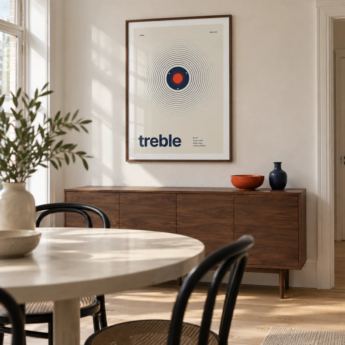 Sound Wave Poster, framed on the wall of a crisp modern dining room in a UK maisonette with an off-white wall and pale timber floor