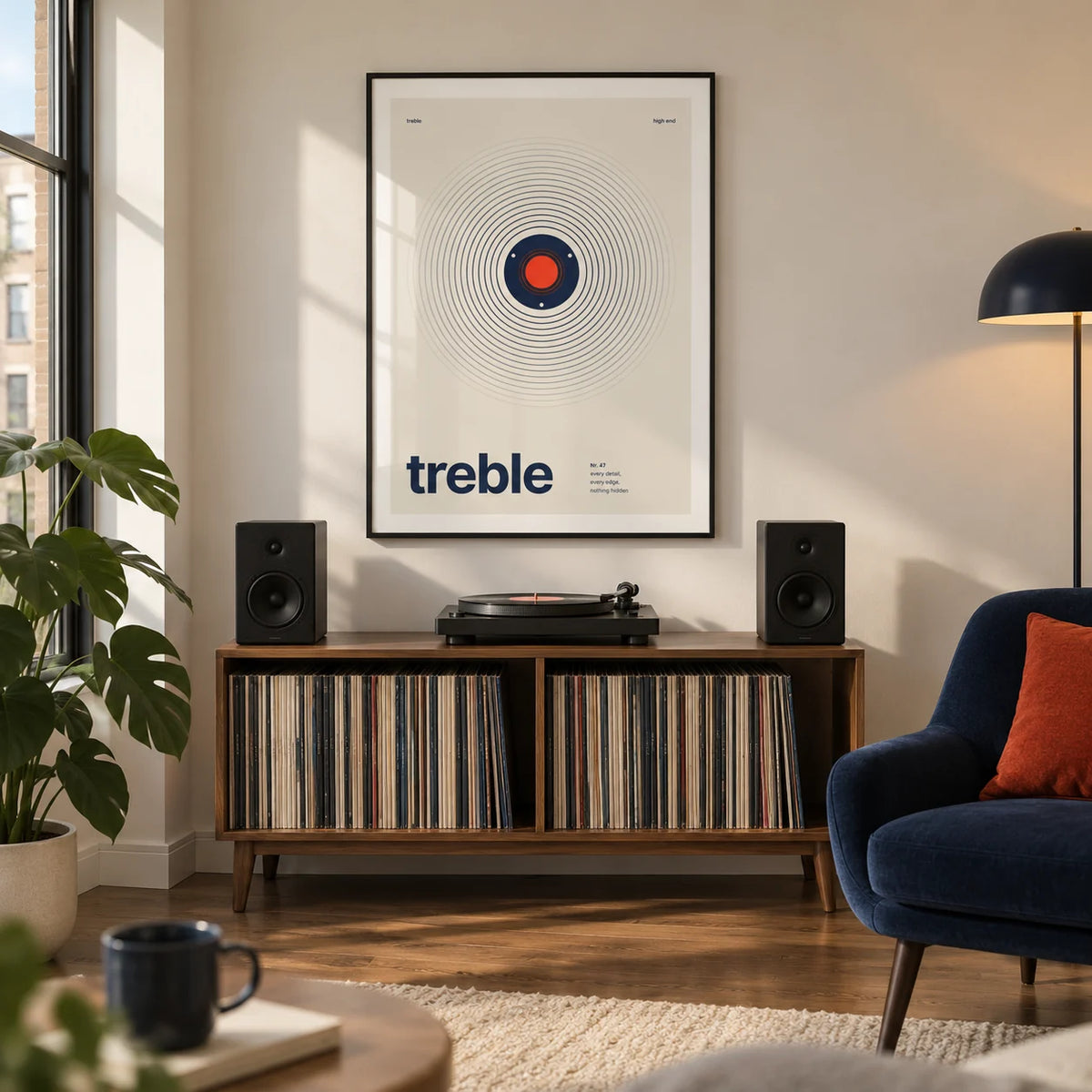 Sound Wave Poster, framed on the wall of a modern listening room in a UK city flat with a warm white wall and walnut floor in a living room