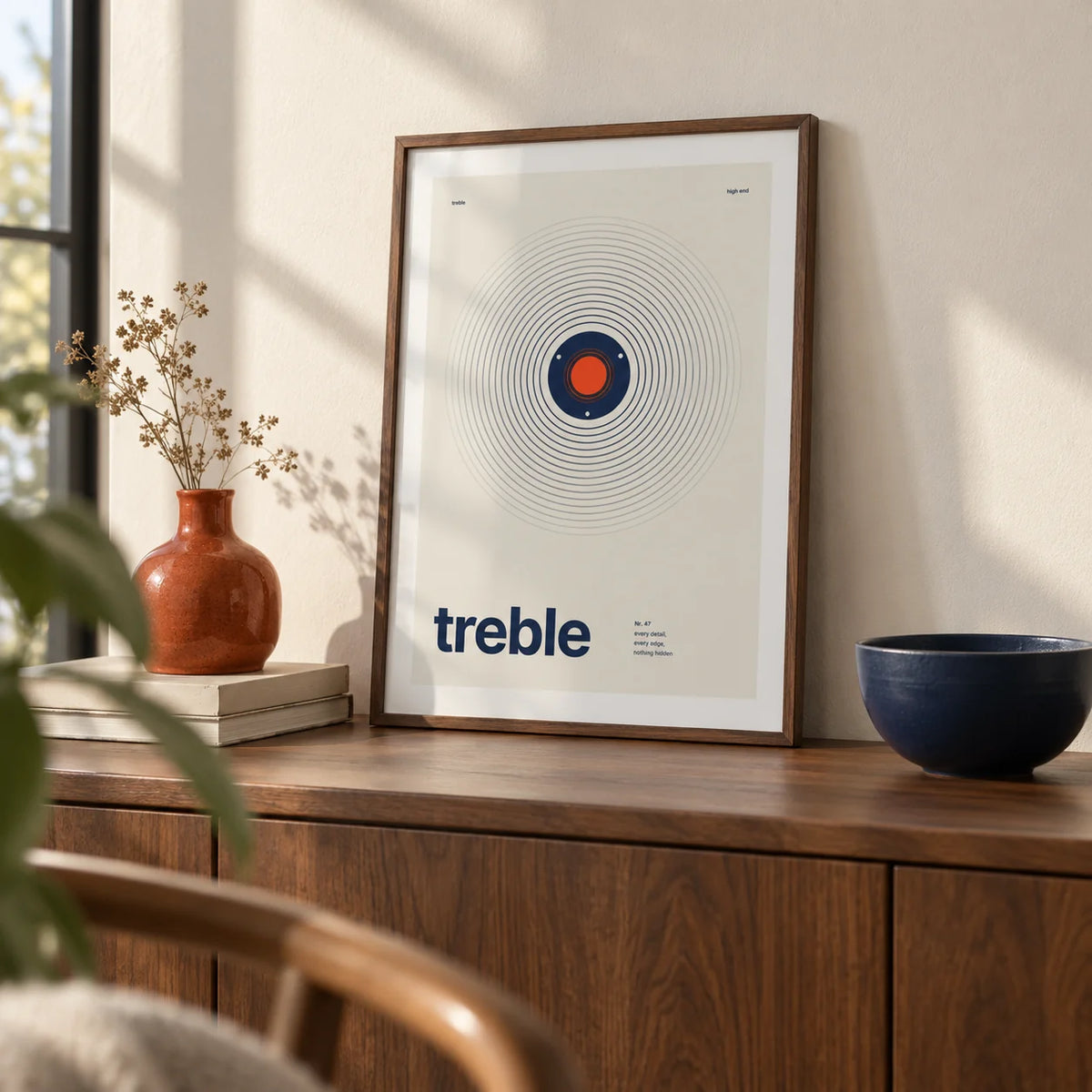 Sound Wave Poster, a small A4 framed print leaning on a walnut side table in a hallway