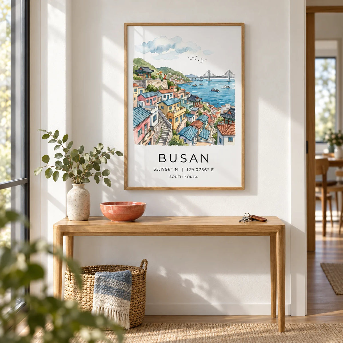 South Korea Art Print, framed on the wall of a bright hallway with a white wall