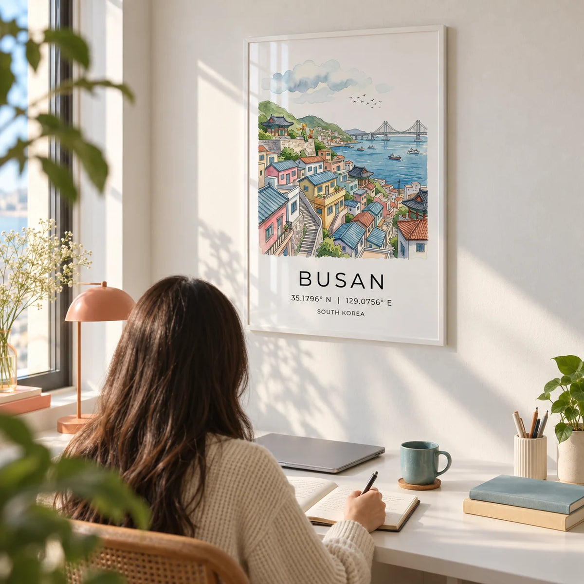 South Korea Art Print, framed on the wall of a calm home office