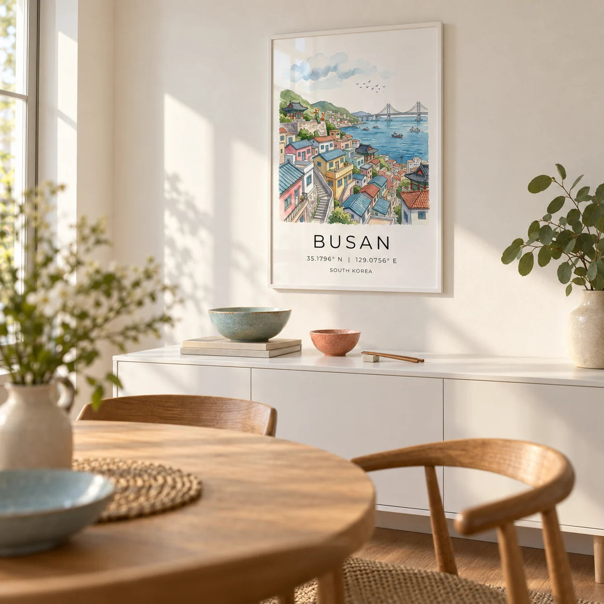 South Korea Art Print, framed on the wall of a light dining room