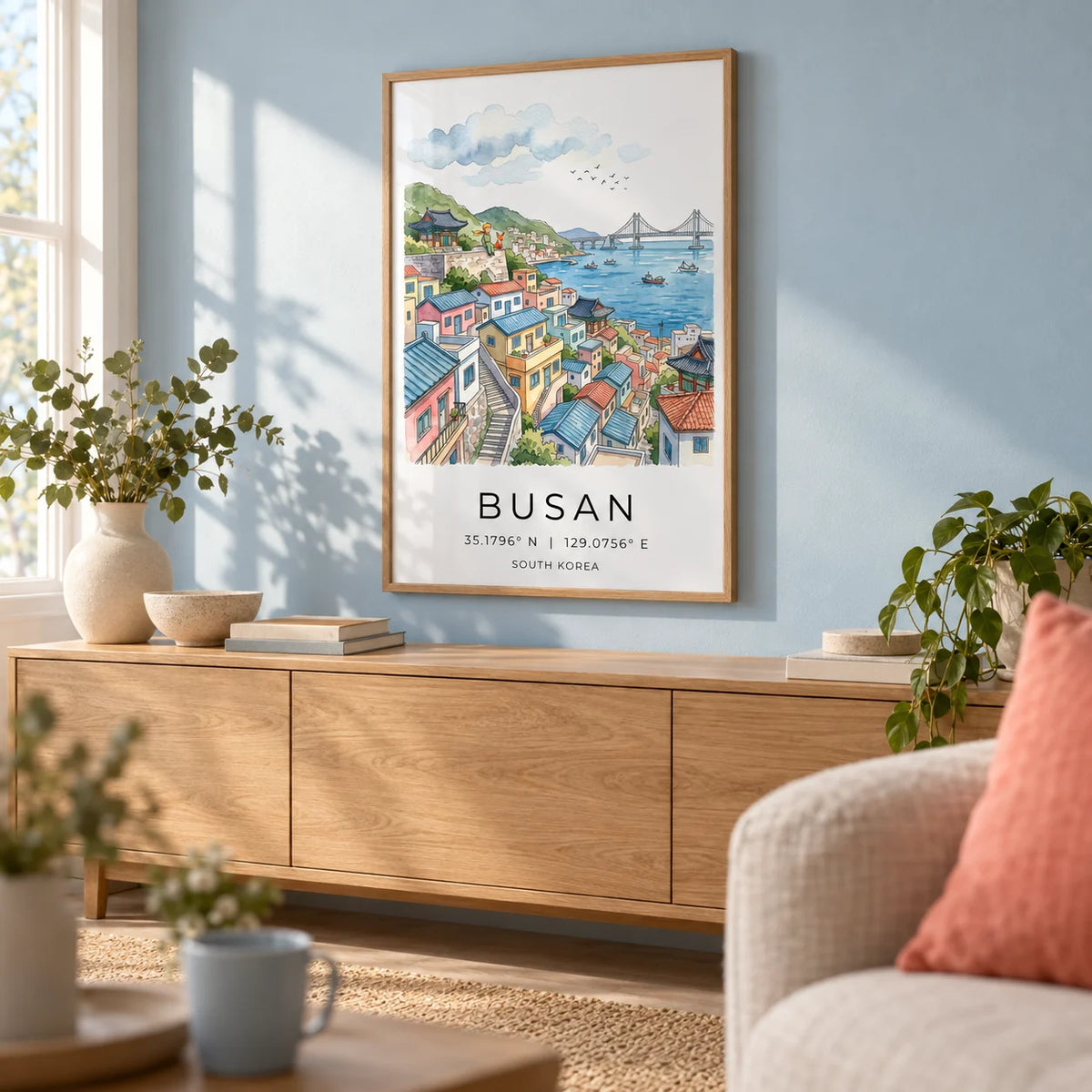 South Korea Art Print, framed on the wall of a light living room with a soft blue wall
