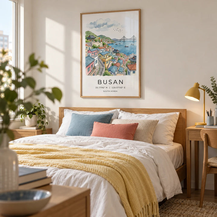 South Korea Art Print, framed on the wall of a tidy young adult bedroom (20-28)