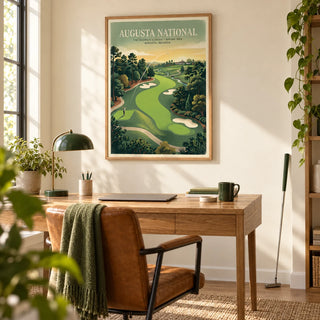 Southern Golf Course Poster, framed on the wall of a bright home office with a warm cream wall