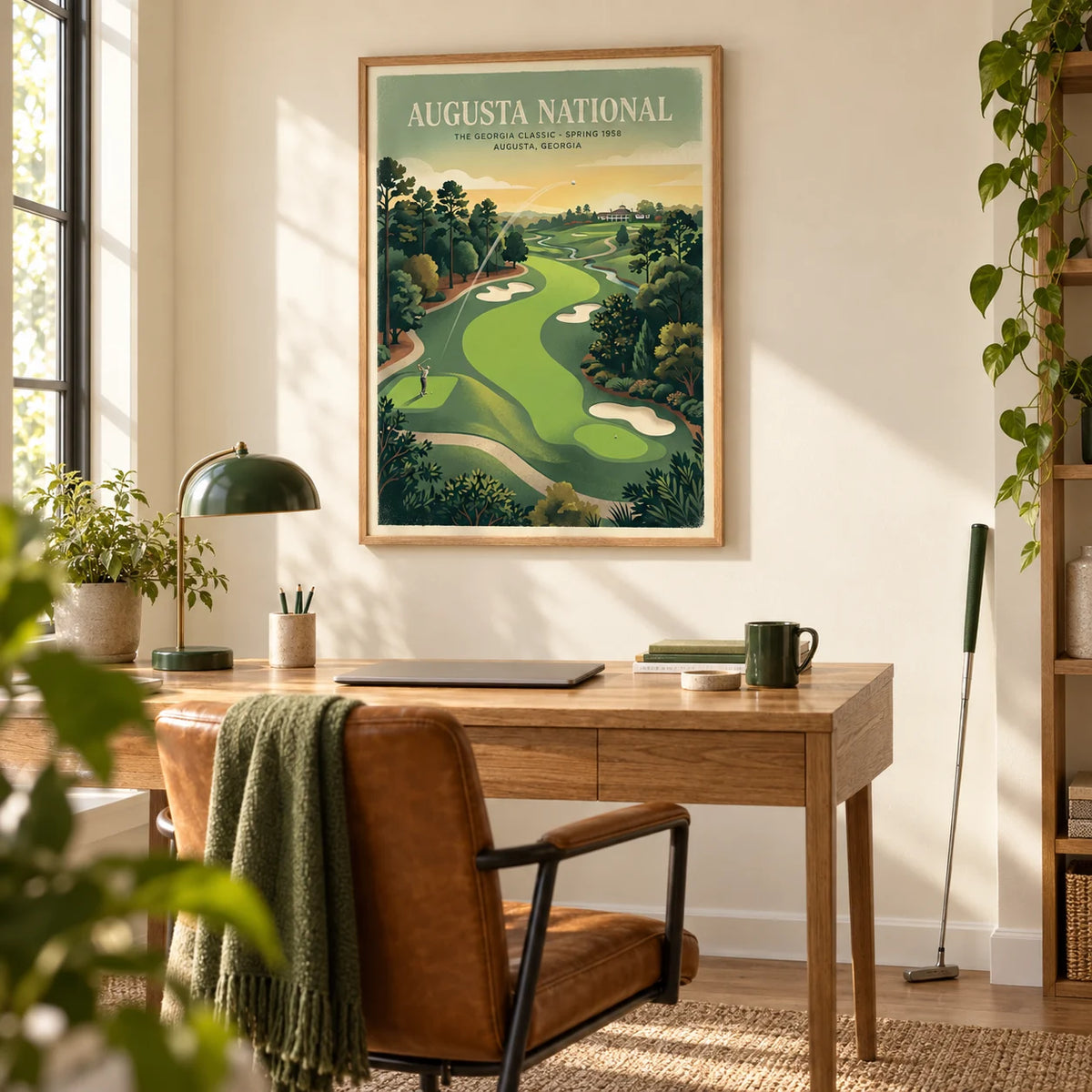 Southern Golf Course Poster, framed on the wall of a bright home office with a warm cream wall