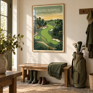 Southern Golf Course Poster, framed on the wall of a country boot room hallway with a cream wall