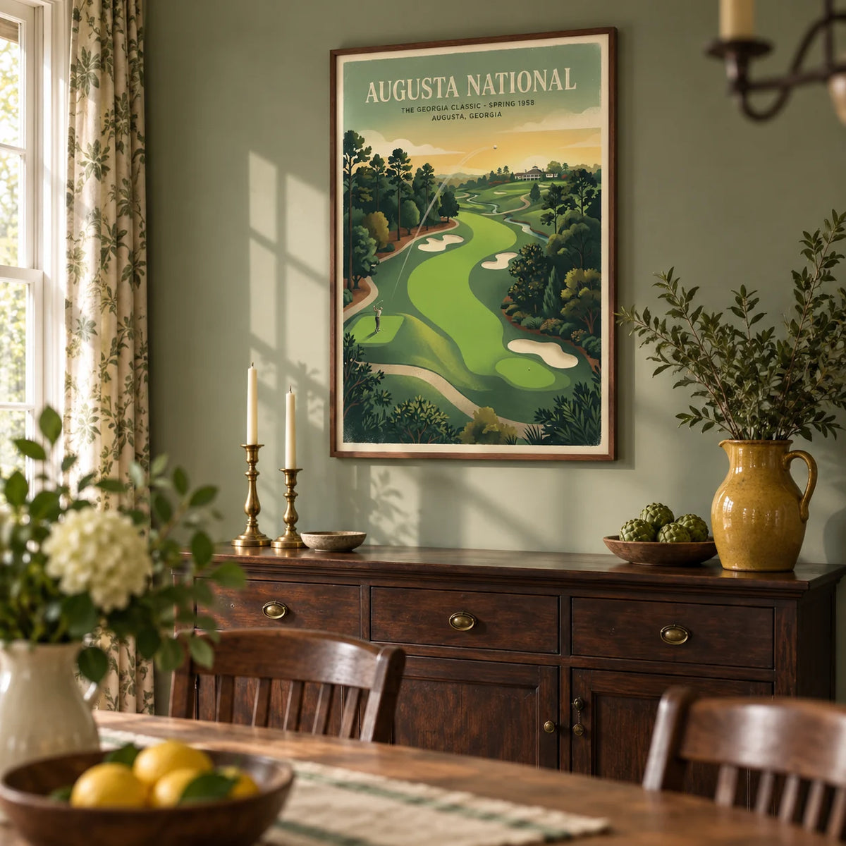 Southern Golf Course Poster, framed on the wall of a country dining room with a sage green wall