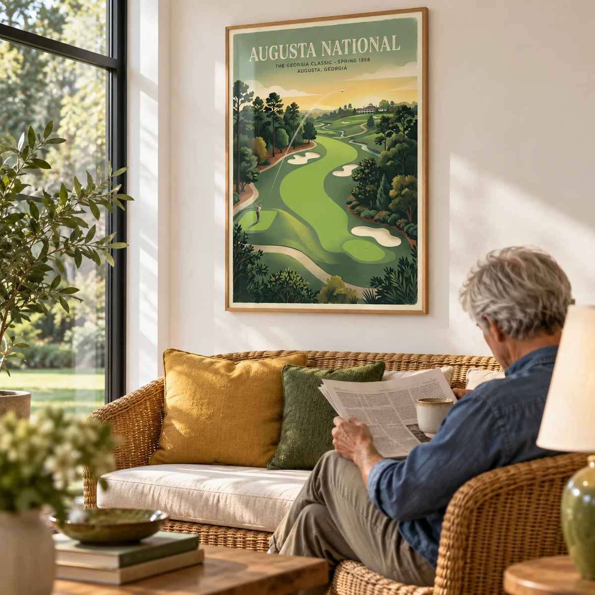 Southern Golf Course Poster, framed on the wall of a garden room with a soft white wall and big windows onto a lawn in a living room