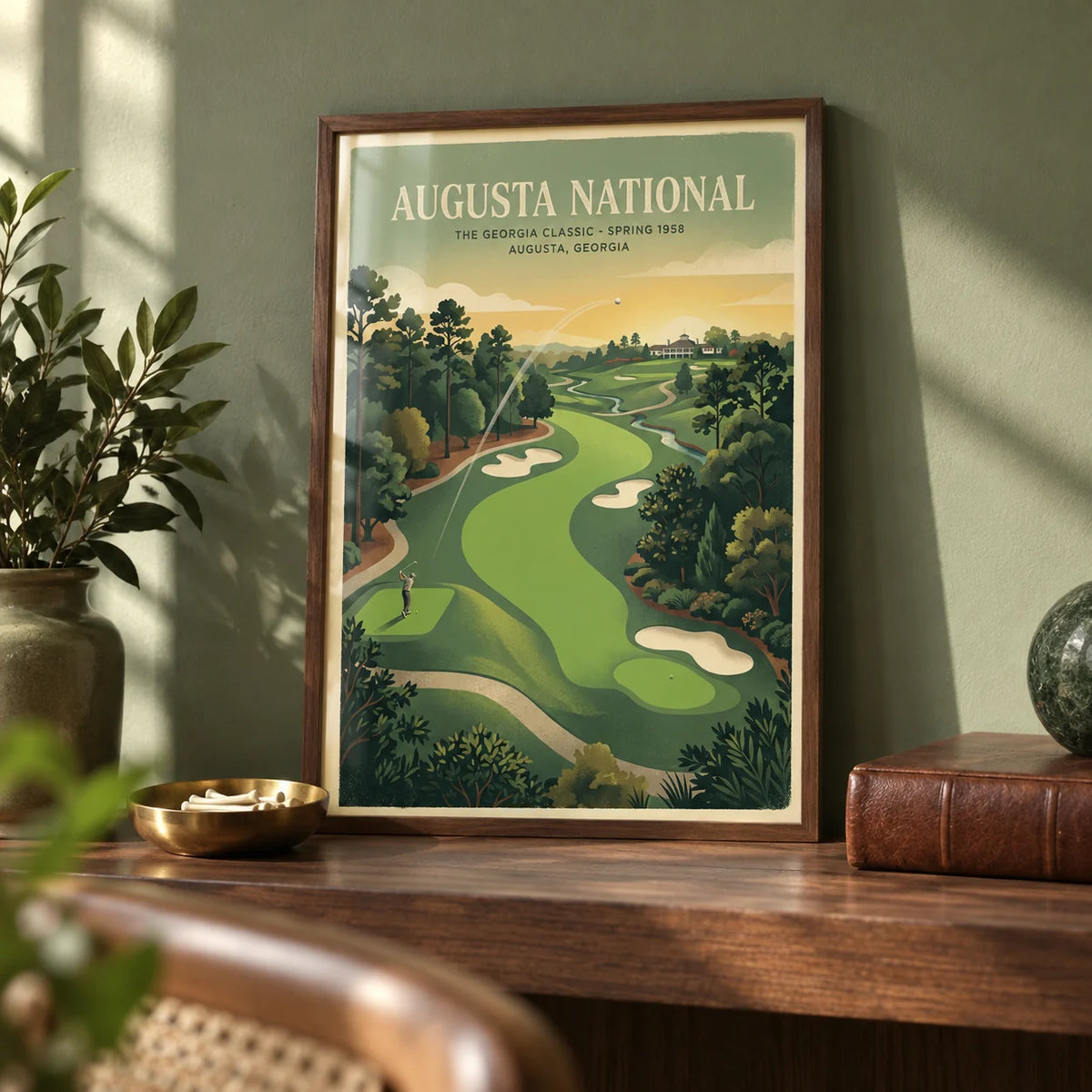 Southern Golf Course Poster, a small A4 framed print leaning on a walnut shelf in a living room