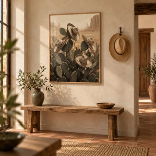 Southwestern Art Prints, framed on the wall of a hallway with a terracotta floor