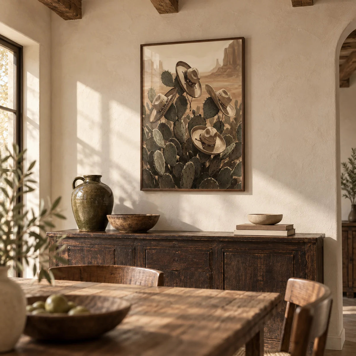 Southwestern Art Prints, framed on the wall of a rustic dining room with exposed beams