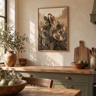 Southwestern Art Prints, framed on the wall of a rustic kitchen with olive painted cabinets