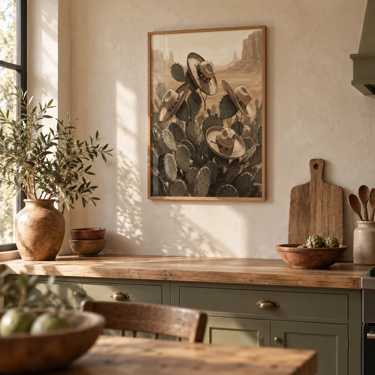 Southwestern Art Prints, framed on the wall of a rustic kitchen with olive painted cabinets