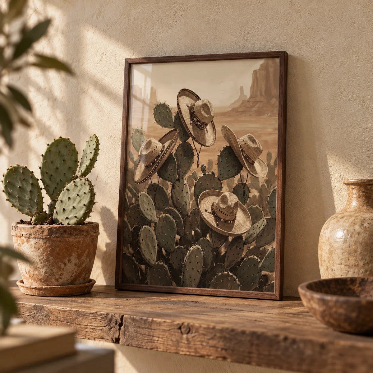 Southwestern Art Prints, a small A4 framed print leaning on a rustic wood shelf in a living room