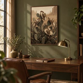 Southwestern Art Prints, framed on the wall of a warm den with an olive green painted wall in a home office