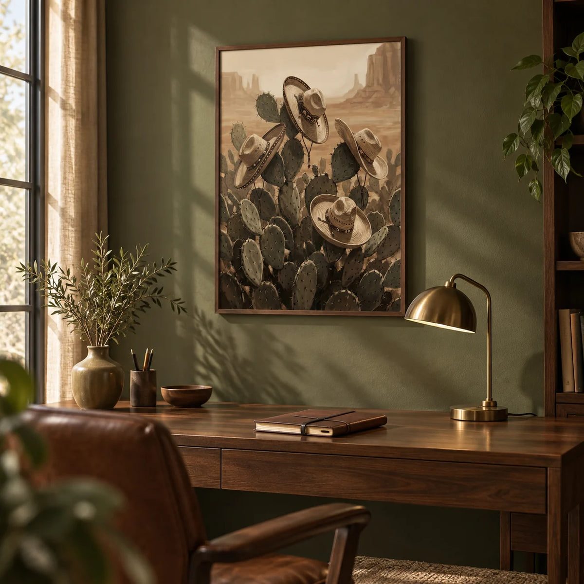 Southwestern Art Prints, framed on the wall of a warm den with an olive green painted wall in a home office
