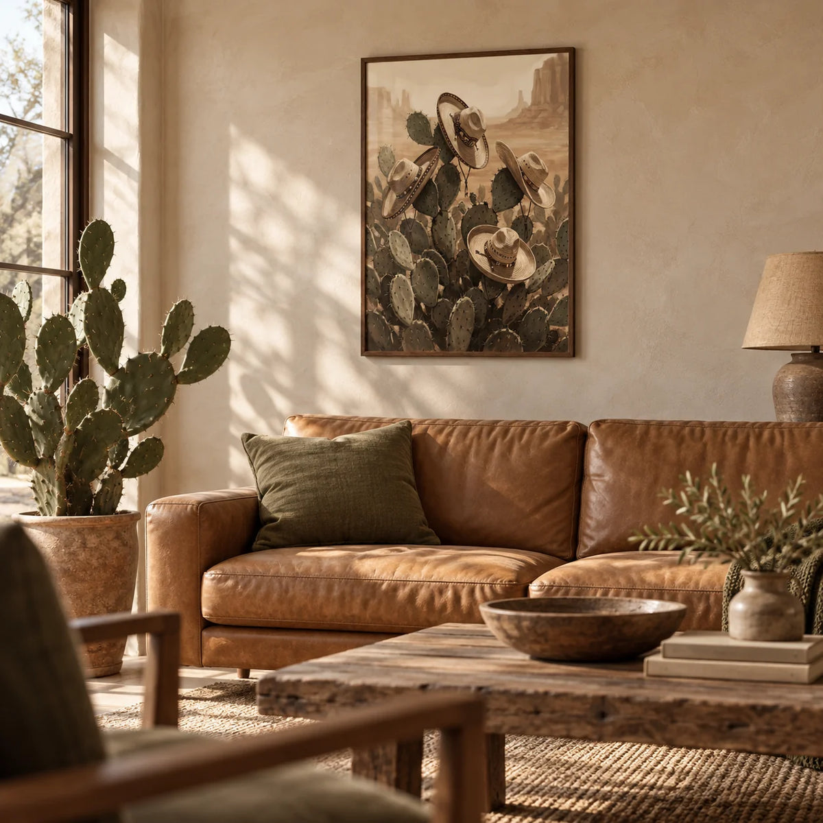 Southwestern Art Prints, framed on the wall of a warm ranch-style living room with sand limewashed plaster walls