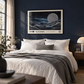Space Art Wall, framed on the wall of a calm bedroom with a deep navy painted wall