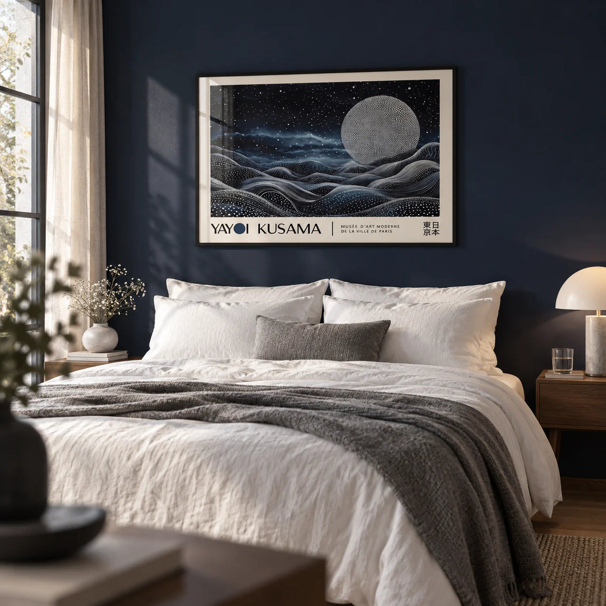 Space Art Wall, framed on the wall of a calm bedroom with a deep navy painted wall