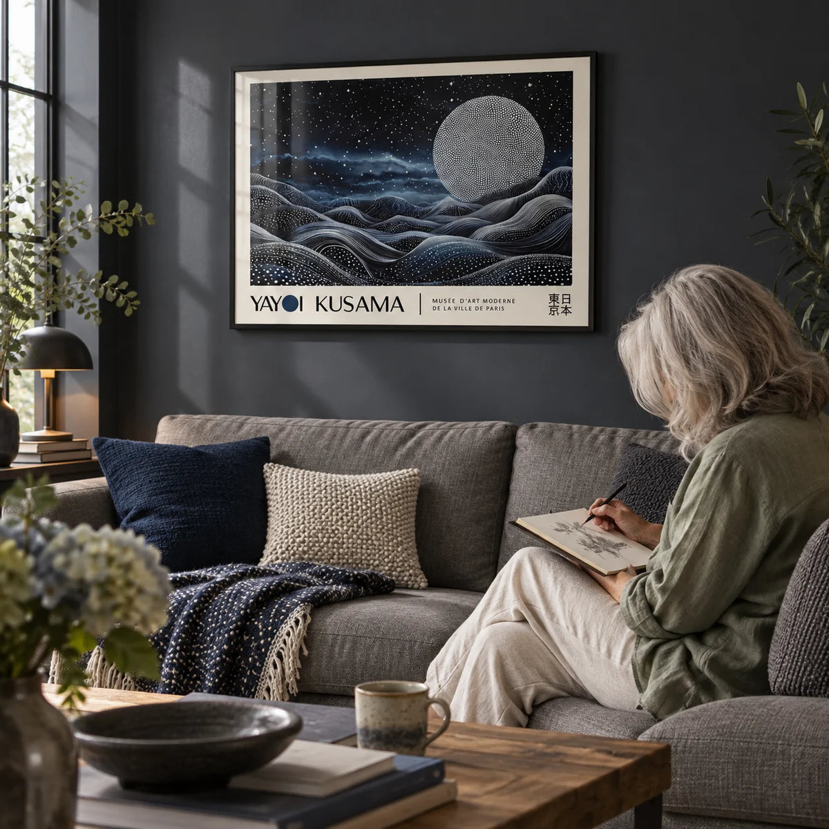 Space Art Wall, framed on the wall of a cosy den with a charcoal wall in a living room