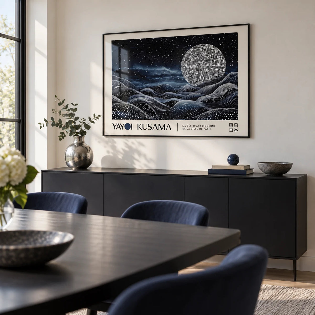 Space Art Wall, framed on the wall of a modern dining room with a soft white wall