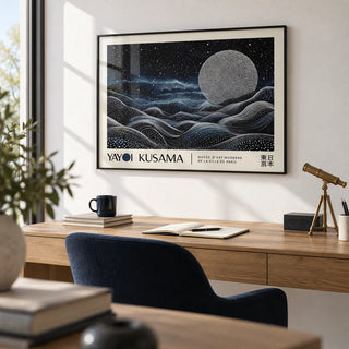 Space Art Wall, framed on the wall of a modern home office with a white wall