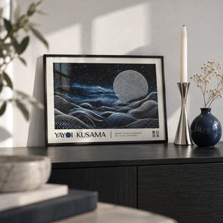 Space Art Wall, a small A4 framed print leaning on a black sideboard in a living room