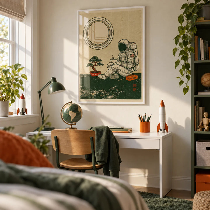 Astronaut Art Print, framed on the wall of a boy's bedroom (8-12)