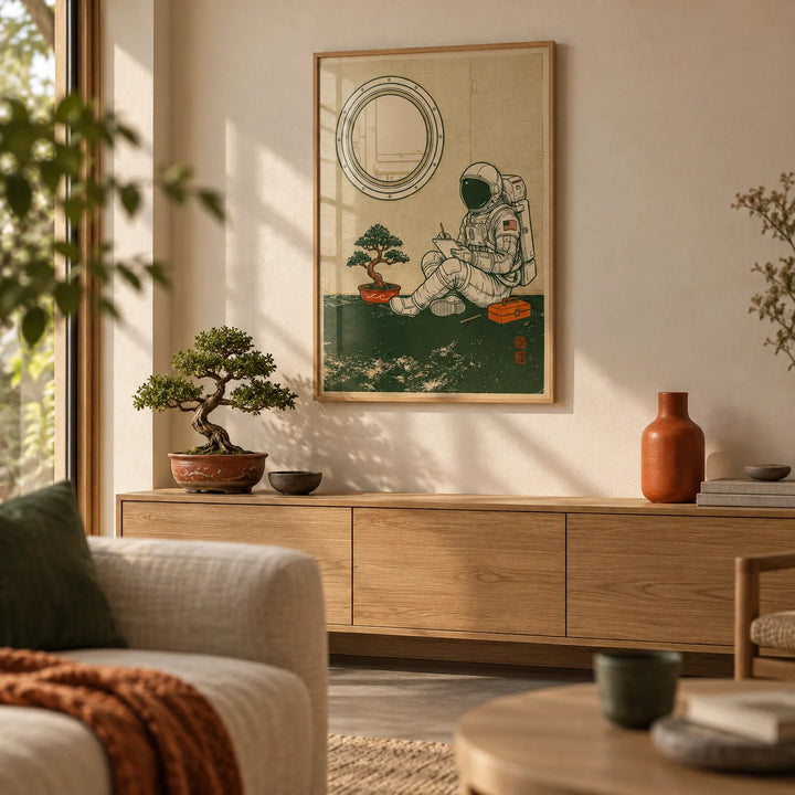 Astronaut Art Print, framed on the wall of a calm Japandi living room
