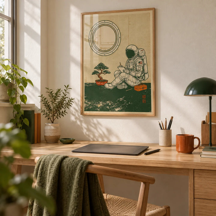 Astronaut Art Print, framed on the wall of a creative home office