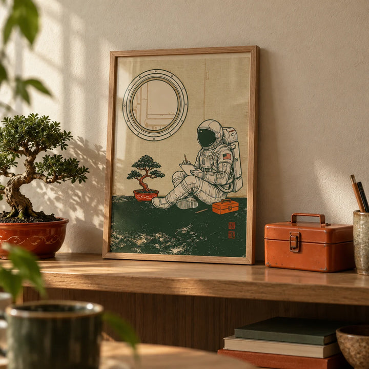 Astronaut Art Print, a small A4 framed print leaning on an oak shelf in a living room
