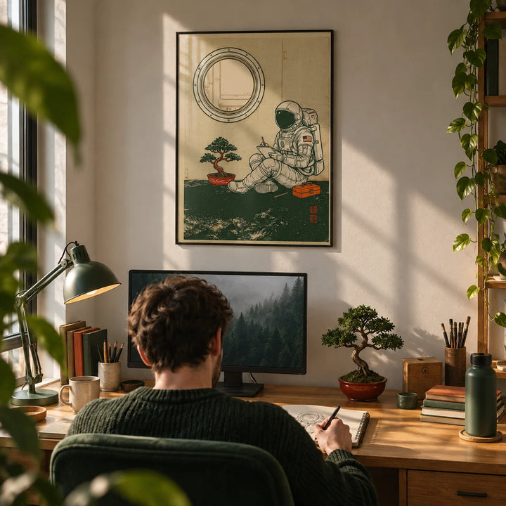 Astronaut Art Print, framed on the wall of a young adult's desk setup