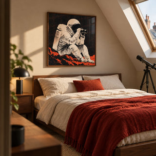 Space Exploration Poster, framed on the wall of a compact adult loft bedroom in a UK terraced home with a warm beige wall and sloping ceiling