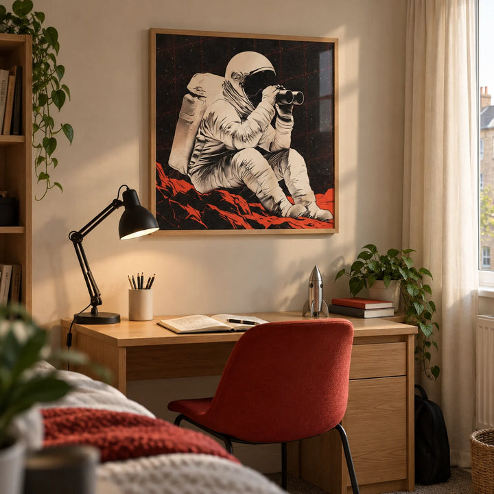 Space Exploration Poster, framed on the wall of a compact university study corner (18-21) in a UK shared flat with a pale beige wall