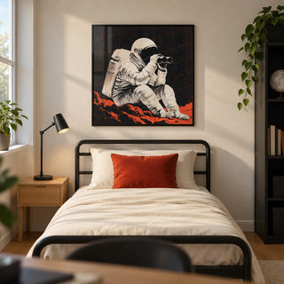 Space Exploration Poster, framed on the wall of a modern teenage space enthusiast’s single bedroom (13-17) in a UK family home with a warm white wall and oak floor