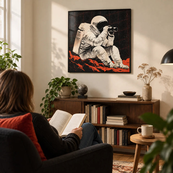 Space Exploration Poster, framed on the wall of a quiet astronomy enthusiast’s reading corner in a UK terraced house with a cream wall in a living room