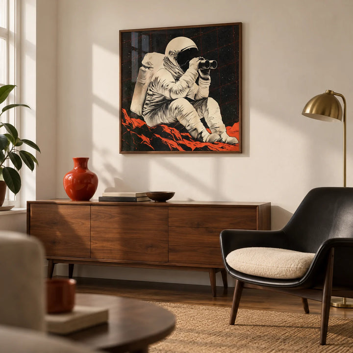 Space Exploration Poster, framed on the wall of a retro-inspired living room in a UK first flat (22-28) with a warm white wall