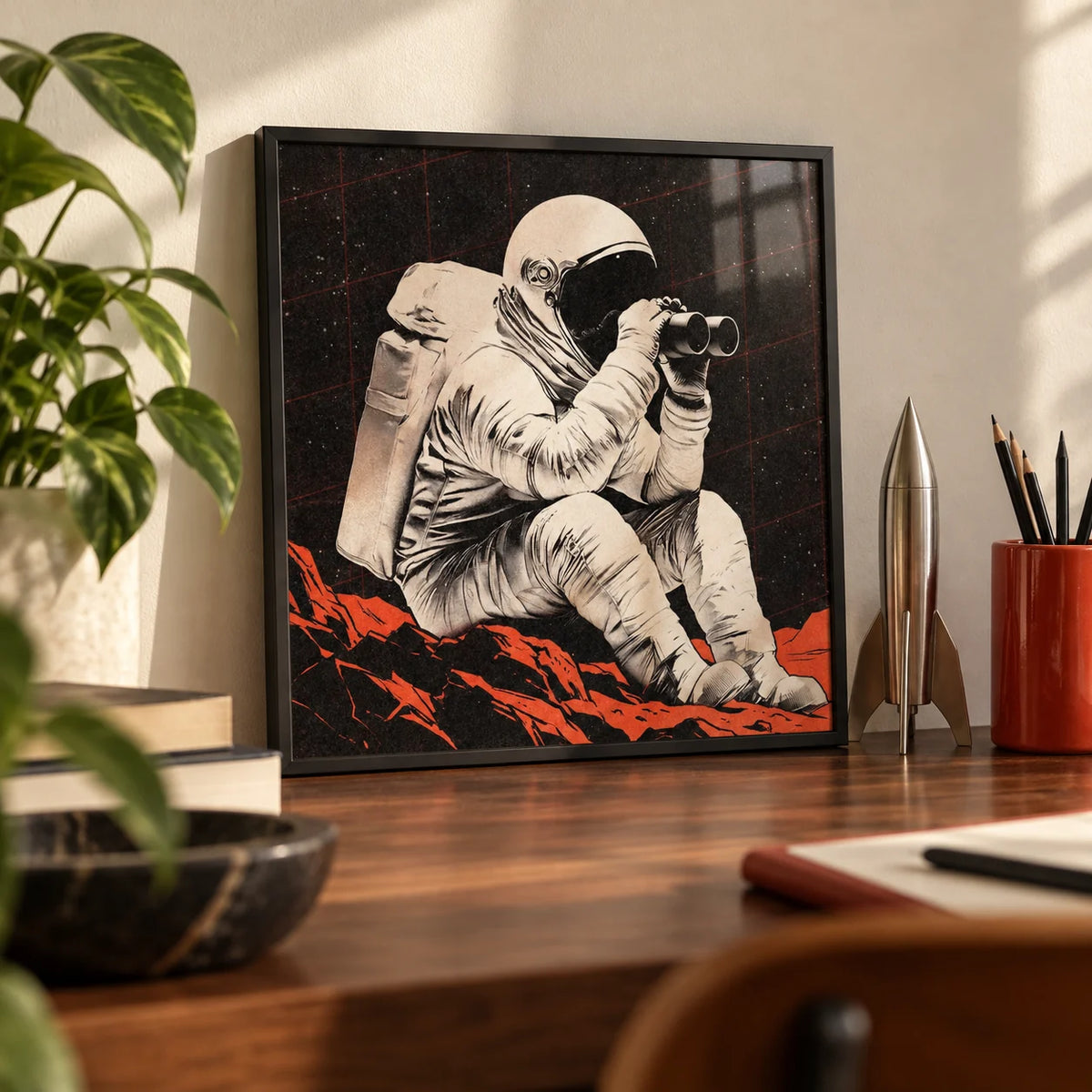 Space Exploration Poster, a small A4 framed print leaning on a walnut desk