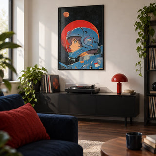 Space Girl Art, framed on the wall of a first-flat living room (22-30) with a white wall and a dark wood floor