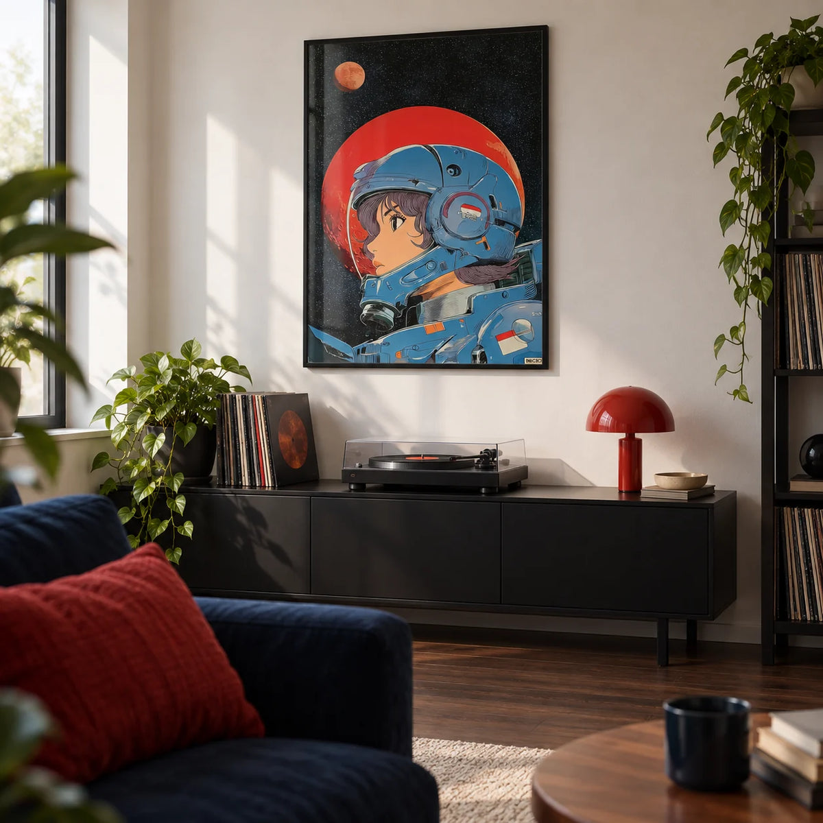 Space Girl Art, framed on the wall of a first-flat living room (22-30) with a white wall and a dark wood floor