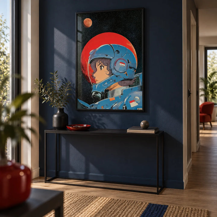 Space Girl Art, framed on the wall of a modern hallway with a navy painted wall and a light oak floor