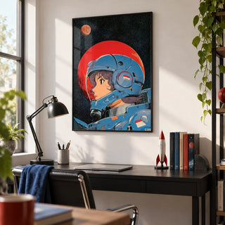 Space Girl Art, framed on the wall of a modern home study with a white wall