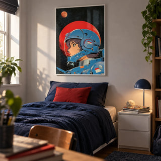 Space Girl Art, framed on the wall of an older teenager's bedroom (15-17) with a light grey wall
