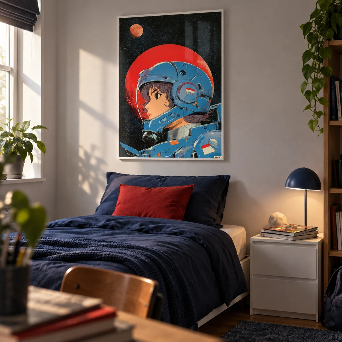 Space Girl Art, framed on the wall of an older teenager's bedroom (15-17) with a light grey wall