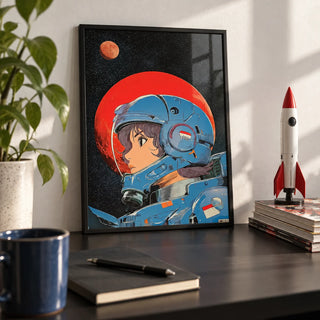 Space Girl Art, a small A4 framed print leaning on a black desk