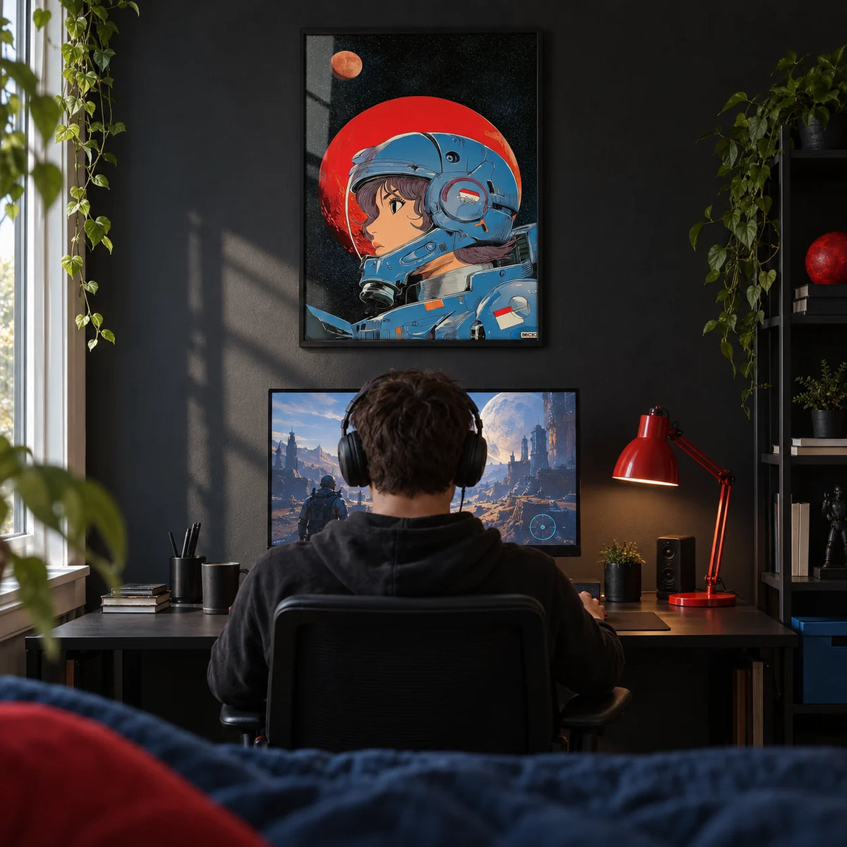 Space Girl Art, framed on the wall of a young adult's gaming corner (18-28) with a charcoal wall in a home office