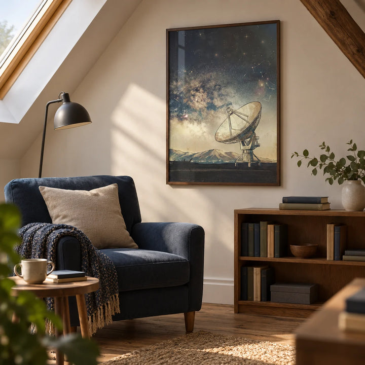 Satellite Art, framed on the wall of a calm attic reading room in a UK home with a sloping ceiling in a living room