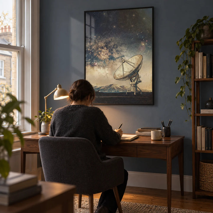 Satellite Art, framed on the wall of a quiet study in a UK terraced house with a muted blue wall and oak floor