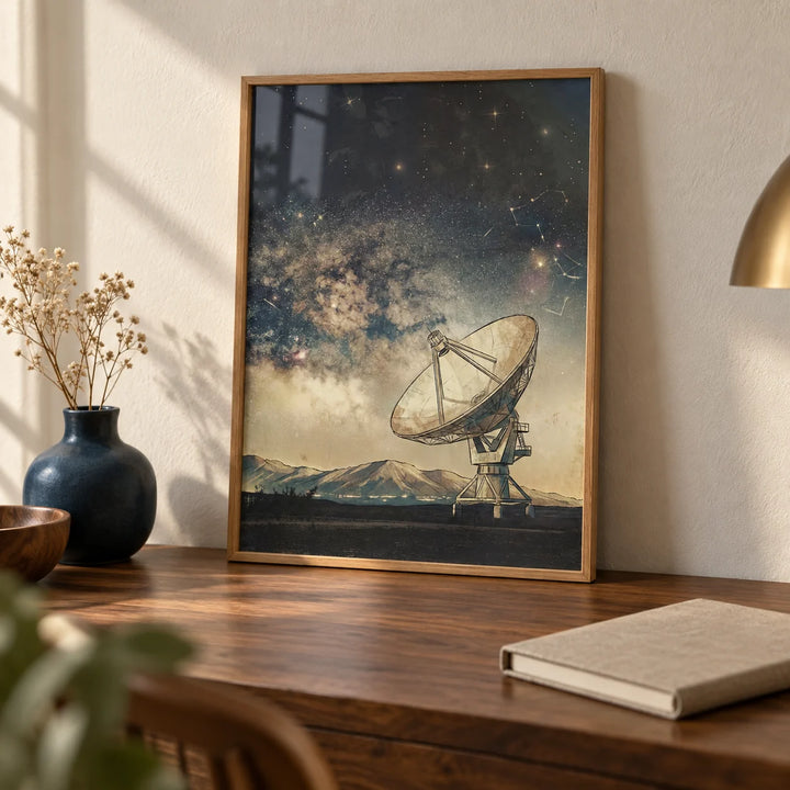 Satellite Art, a small A4 framed print leaning on a walnut desk
